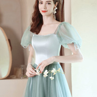 Green satin tulle long prom dress green evening dress - Thumbnail 6