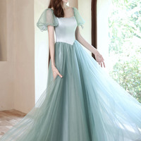 Green satin tulle long prom dress green evening dress - Thumbnail 8