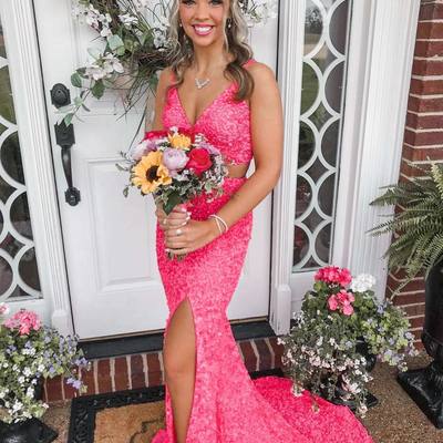 Sparkly mermaid v neck pink sequin long prom dresses evening dresses - Thumbnail 2