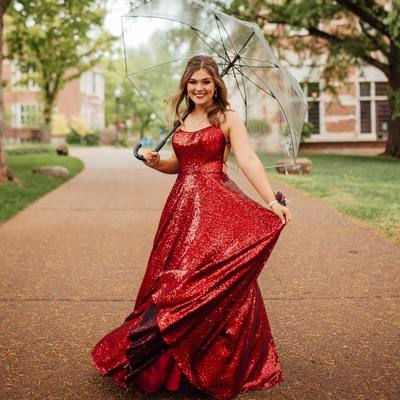 Stunning A-Line Scoop Neck Red Sequins Long Prom Evening Dresses