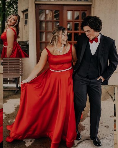 Exquisite A-Line Square Neck Red Satin Long Prom Dresses with Pockets