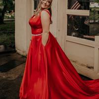 Exquisite A-Line Square Neck Red Satin Long Prom Dresses with Pockets - Thumbnail 1