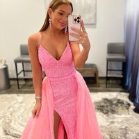 Sparkly Mermaid V Neck Spaghetti Straps Light Pink Long Prom Dress. Detachable Prom Dresses - Thumbnail 1