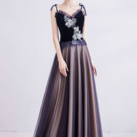 Blue tulle lace long prom dress blue evening dress - Thumbnail 1