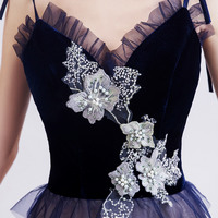 Blue tulle lace long prom dress blue evening dress - Thumbnail 6