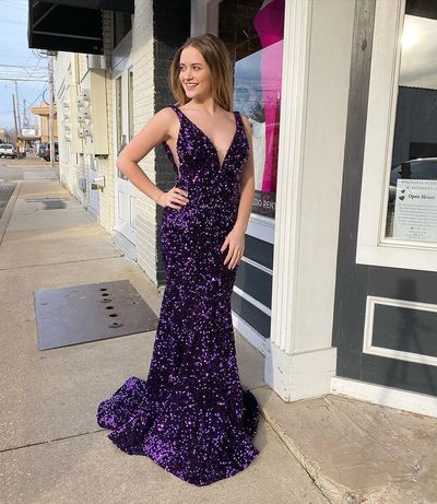 Dark Purple Velvet Sequins Long Prom Dresses