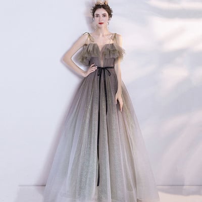 Gray green tulle sequins long prom dress evening dress - Thumbnail 1