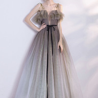 Gray green tulle sequins long prom dress evening dress - Thumbnail 1