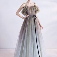 Gray green tulle sequins long prom dress evening dress - Thumbnail 2