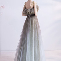 Gray green tulle sequins long prom dress evening dress - Thumbnail 6