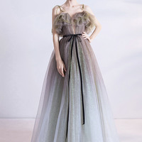 Gray green tulle sequins long prom dress evening dress - Thumbnail 7