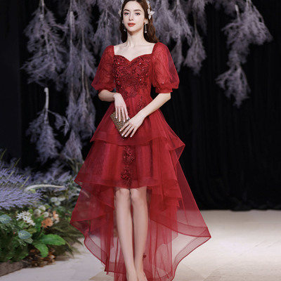 Red tulle sequins high low prom dress red evening dress - Thumbnail 2