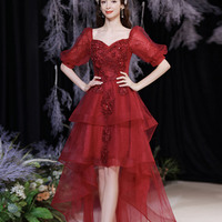 Red tulle sequins high low prom dress red evening dress - Thumbnail 3