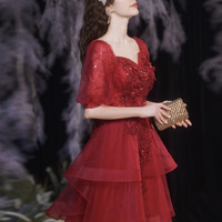 Red tulle sequins high low prom dress red evening dress - Thumbnail 2
