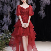 Red tulle sequins high low prom dress red evening dress - Thumbnail 8