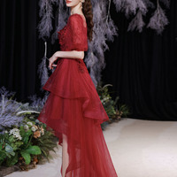 Red tulle sequins high low prom dress red evening dress - Thumbnail 5