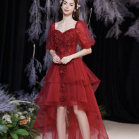 Red tulle sequins high low prom dress red evening dress - Thumbnail 4