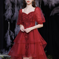 Red tulle sequins high low prom dress red evening dress - Thumbnail 1