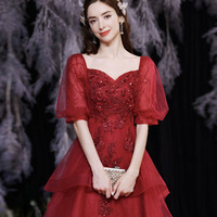 Red tulle sequins high low prom dress red evening dress - Thumbnail 7