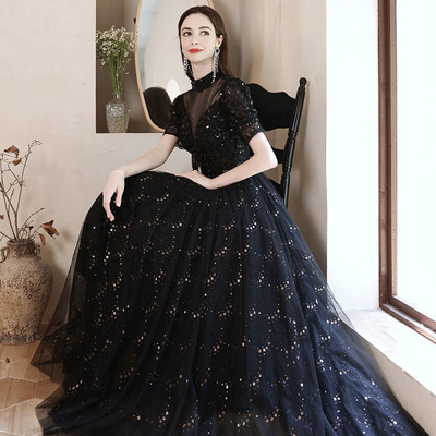 Black tulle sequins long prom dress black evening dress - Thumbnail 3