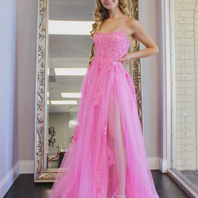 Sp2002,princess lace prom dresses applique tulle evening dress spaghetti straps criss-back princess evening dresses