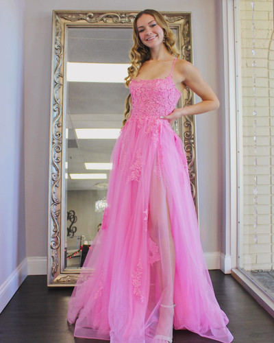 SP2002,Princess Lace Prom Dresses Applique Tulle Evening Dress Spaghetti Straps Criss-Back Princess Evening Dresses