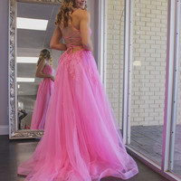 SP2002,Princess Lace Prom Dresses Applique Tulle Evening Dress Spaghetti Straps Criss-Back Princess Evening Dresses - Thumbnail 1