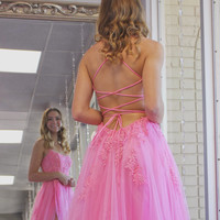 SP2002,Princess Lace Prom Dresses Applique Tulle Evening Dress Spaghetti Straps Criss-Back Princess Evening Dresses - Thumbnail 2