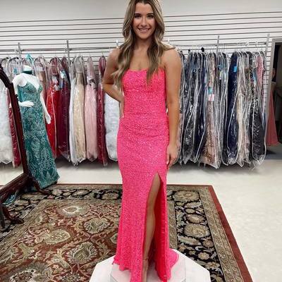 Sp2004,hot pink prom dress sequin split long evening party dress