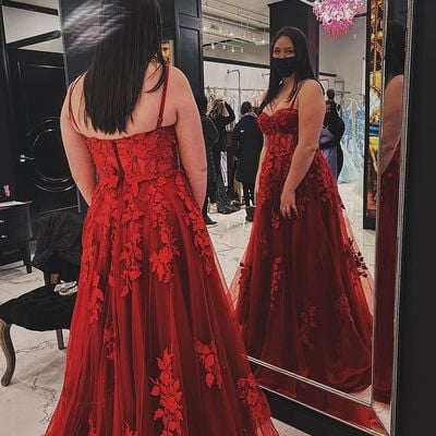 Sp2005,charming red applique prom dress a-line tulle sweetheart long prom dresses senior graduation dress