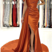 Orange Prom Dresses off Shoulder Slit - Thumbnail 2