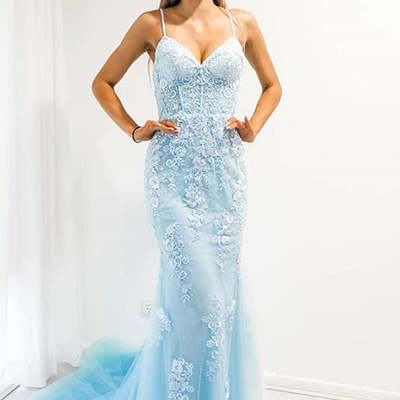 Baby blue mermaid spaghetti strap prom dress with lace - Thumbnail 4