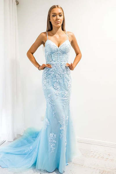 Baby Blue Mermaid Spaghetti Strap Prom Dress with Lace