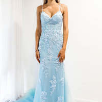 Baby Blue Mermaid Spaghetti Strap Prom Dress with Lace - Thumbnail 1