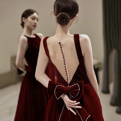 Burgundy velvet long a line prom dress with bow - Thumbnail 2