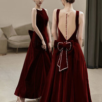 Burgundy velvet long A line prom dress with bow - Thumbnail 1