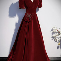 Burgundy v neck long prom dress A line evening dress - Thumbnail 2