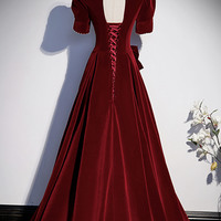 Burgundy v neck long prom dress A line evening dress - Thumbnail 3