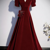 Burgundy v neck long prom dress A line evening dress - Thumbnail 4