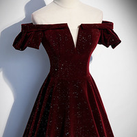 Burgundy velvet long prom dress A line evening dress - Thumbnail 1