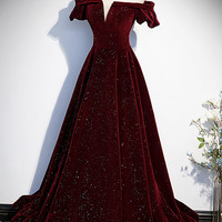 Burgundy velvet long prom dress A line evening dress - Thumbnail 2