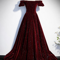 Burgundy velvet long prom dress A line evening dress - Thumbnail 3