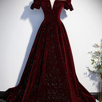 Burgundy velvet long prom dress A line evening dress - Thumbnail 4