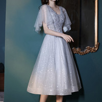 Gray tulle sequins short prom dress homecoming dress - Thumbnail 1