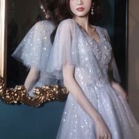 Gray tulle sequins short prom dress homecoming dress - Thumbnail 3