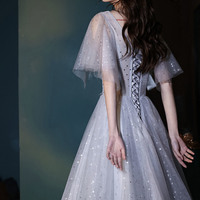 Gray tulle sequins short prom dress homecoming dress - Thumbnail 4