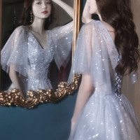 Gray tulle sequins short prom dress homecoming dress - Thumbnail 5