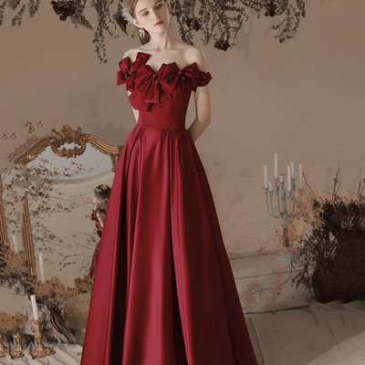 Burgundy satin long prom dress a line evening dress - Thumbnail 2