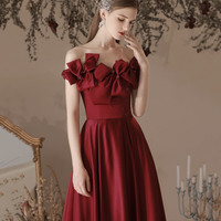 Burgundy satin long prom dress A line evening dress - Thumbnail 1