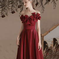 Burgundy satin long prom dress A line evening dress - Thumbnail 2